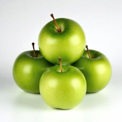 Green apples stacked on white background