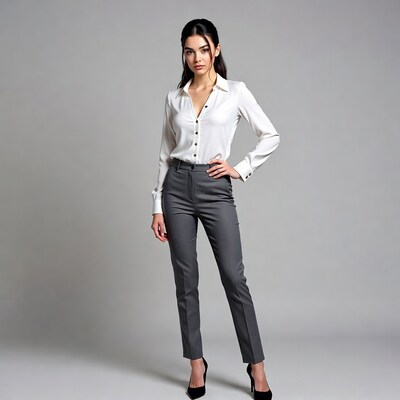 Woman in white shirt and gray pants