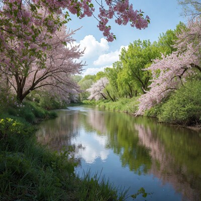 River with blooming cherry trees