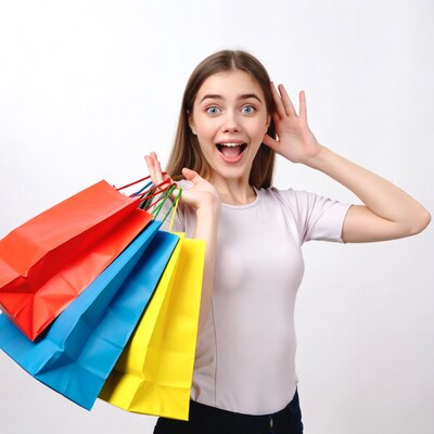 Excited woman with shopping bags