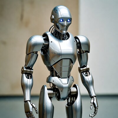 Silver humanoid robot with glowing eyes