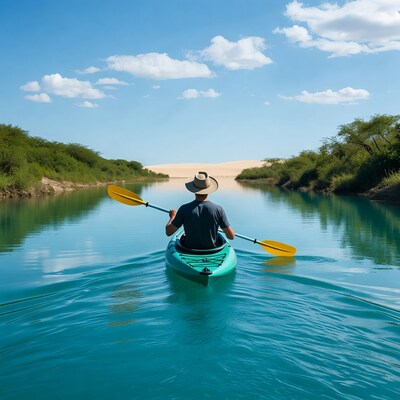 Man kayaking on turquoise river