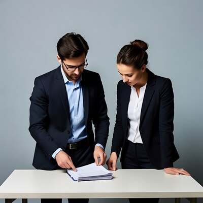 Businessman and businesswoman reviewing documents