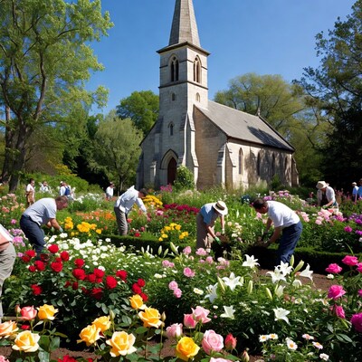 People Gardening Near Church
