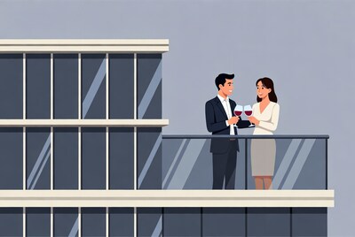 Couple toasting with wine on balcony