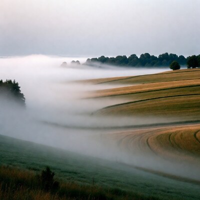 Foggy fields at dawn