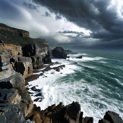 Stormy cliffs overlooking crashing waves