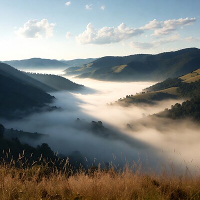 Foggy mountain valley at sunrise