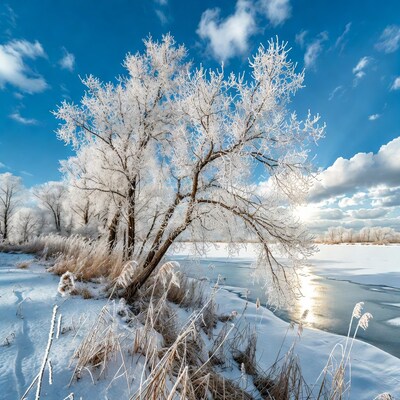 Frosted tree by frozen lake