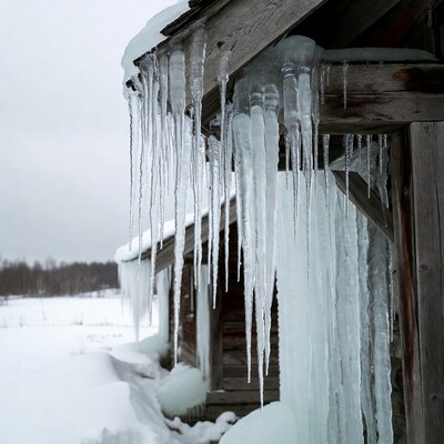 Icicles hanging from wooden cabin