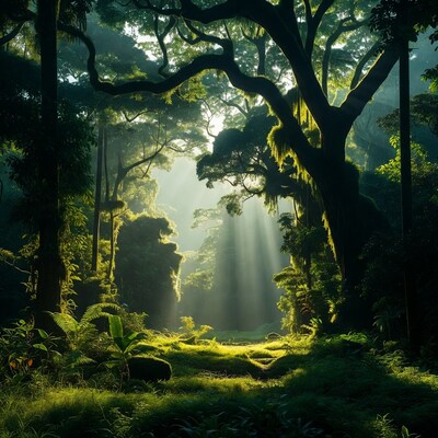 Sunlit Jungle Path Through Trees