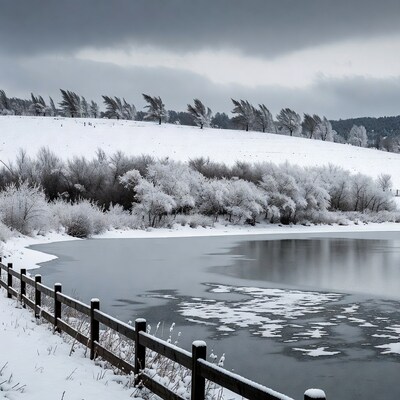 Snowy Winter Lake with Frozen Ice