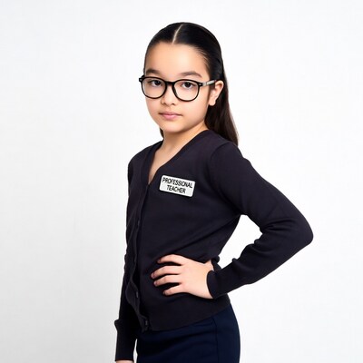 Young girl dressed as professional teacher