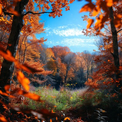 Autumn forest with orange leaves