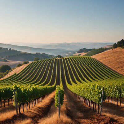 Vineyard rows in rolling hills