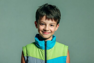 Young boy smiling in colorful vest