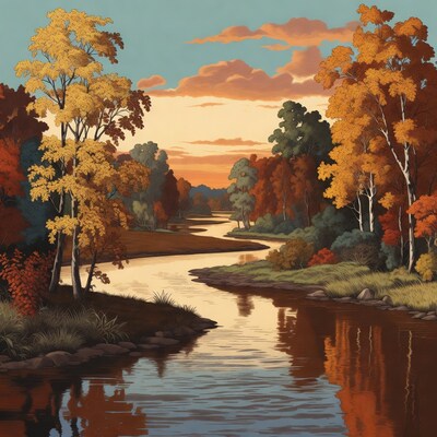 Autumn River Landscape at Sunset
