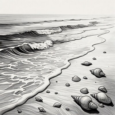 Ocean waves and seashells on beach