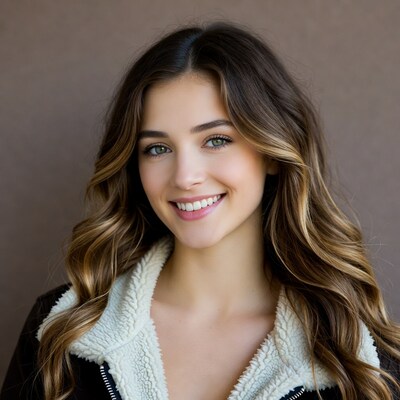 Smiling woman with long wavy hair