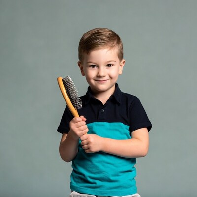 Young boy holding hairbrush