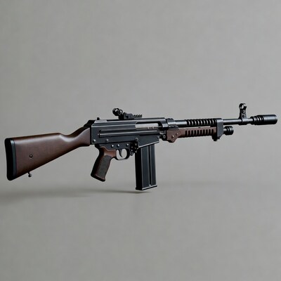 Black assault rifle with wooden stock