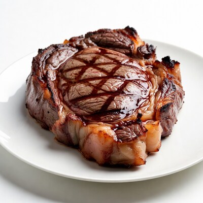 Grilled steak on white plate