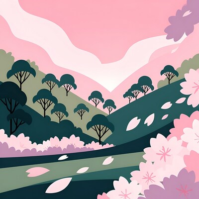 Pink landscape with cherry blossoms