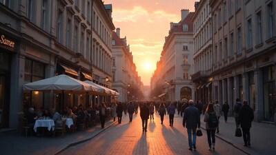 People walking on sunset street