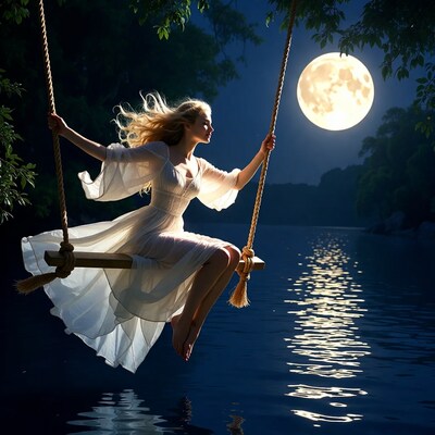 Woman on Moonlit Rope Swing