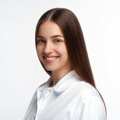 Smiling woman in white coat