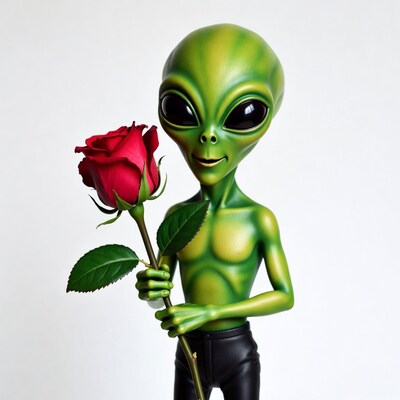 Green alien holding red rose