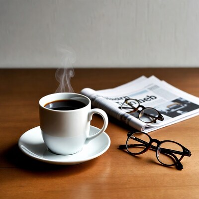 Coffee Cup with Newspaper and Glasses