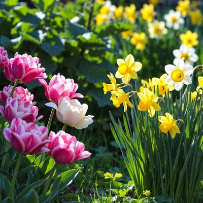 Pink tulips and yellow daffodils