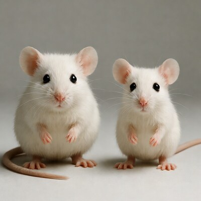 Two white mice standing together
