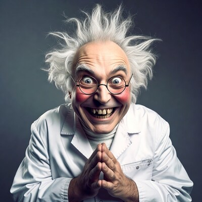Excited scientist with wild hair