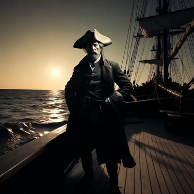 Pirate captain on ship deck at sunset