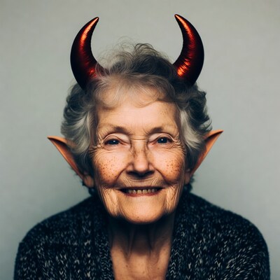 Elderly woman with devil horns