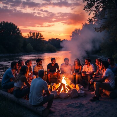 Friends at sunset campfire