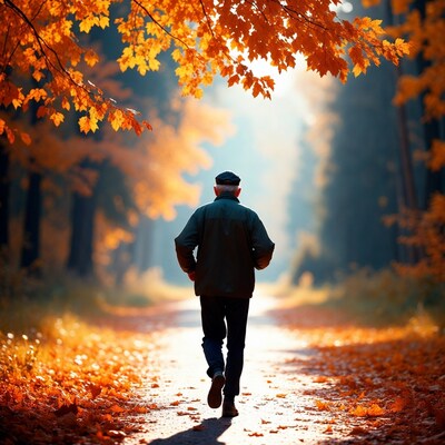 Elderly man walking in autumn forest