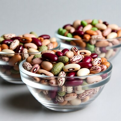 Assorted beans in glass bowls
