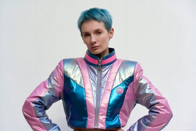 Woman in colorful metallic jacket