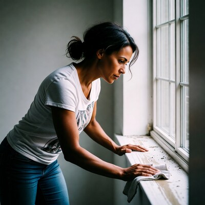 Woman cleaning windowsill