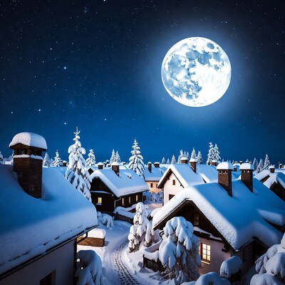 Snowy village under full moon