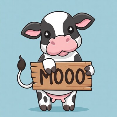 Cartoon cow holding MOOO sign