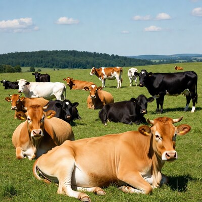 Cows resting in green pasture