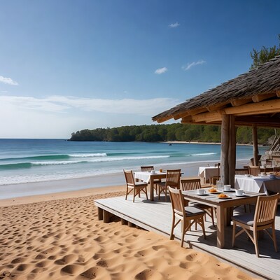 Beachside dining tables on sand