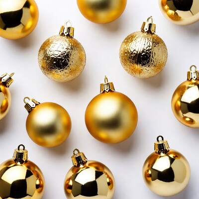Golden Christmas Ornaments on White