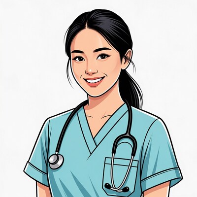 Asian woman in nurse scrubs