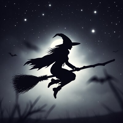 Witch Silhouette Flying on Broomstick