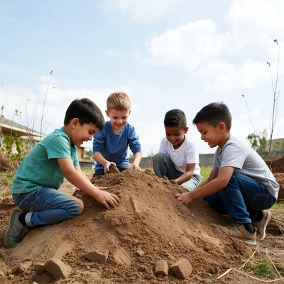 Boys playing with dirt pile